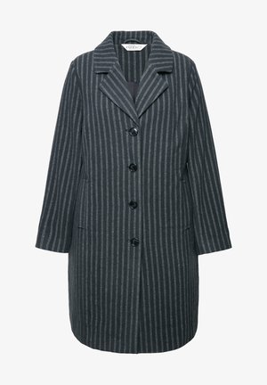 Gray-striped wool coat with a notched collar, six buttons, two side pockets, and long sleeves. Vertical stripes in varying shades of gray.