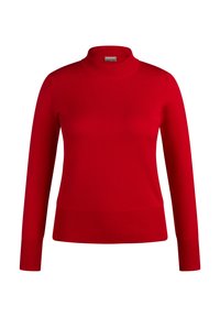 Roter Rollkragenpullover aus geripptem Strickmaterial mit langen Ärmeln und einer figurbetonten Passform sowie einem geraden Saum. Ohne Muster oder Verzierungen.