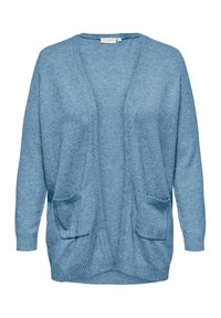 Világoskék kardigán, puha kötött anyagból készült, nyitott elülső résszel, két elülső zsebbel, valamint bordázott ujjak és szegély jellemzi.