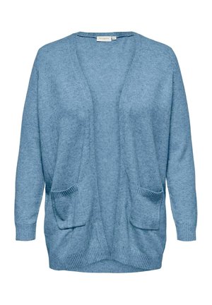 Light blue cardigan made from soft knit material, featuring an open front, two front pockets, and ribbed sleeves and hem.