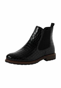 Botas de tobillo negras con un patrón de cocodrilo texturizado y brillante, paneles laterales elásticos y una suela marrón de contraste. Diseñadas para una fácil colocación.