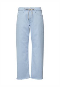 Jeans de pierna ancha de color azul claro, confeccionados en algodón suave, con cintura elástica ajustable, dobladillo deshilachado y diseño tradicional de cinco bolsillos.