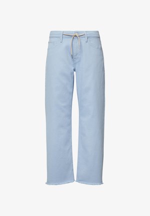 Svetlo modri široki kavbojke iz mehkega bombaža, z vrvico na pasu, raztrganim robom in tradicionalnim petim žepnim dizajnom.