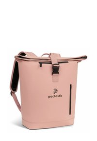 Borsa tote Pactastic in un morbido rosa, realizzata in materiale resistente, presenta un design conparte superiore arrotolabile, spallacci regolabili e una tasca con zip frontale.