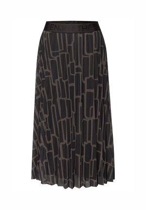 Czarna plisowana spódnica z geometrycznym wzorem w ciemnych tonach. Posiada teksturowany pas z napisem "ENJOY THE SUN". Lekka tkanina.