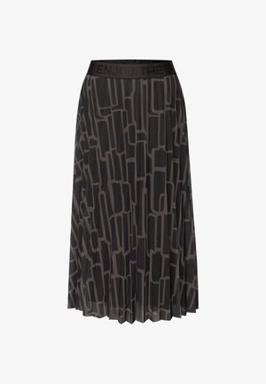 Czarna plisowana spódnica z geometrycznym wzorem w ciemnych tonach. Posiada teksturowany pas z napisem "ENJOY THE SUN". Lekka tkanina.