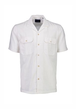 Camicia bianca di lino a maniche corte con colletto, due tasche sul petto e chiusura a bottoni con bottoni chiari.
