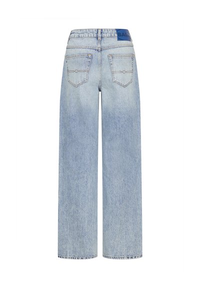 Svetlomodré široké rifle z denimu s vysokým pásom, zadnými vreckami a modrou etikou na páse.