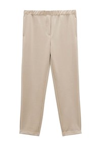 Pantalon beige à jambes droites et taille élastique, avec poches latérales, sans boutons ni fermetures éclair visibles, posé à plat sur fond blanc.