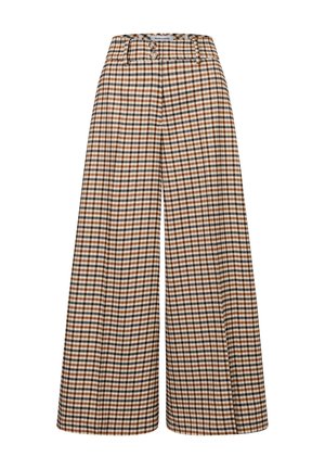 Hoch taillierte, weit geschnittene Hose mit braun-weiß-schwarz kariertem Muster und zwei vorderen Knöpfen am Bund.