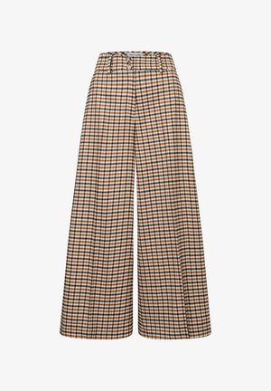 Hoch taillierte, weit geschnittene Hose mit braun-weiß-schwarz kariertem Muster und zwei vorderen Knöpfen am Bund.