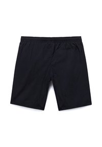 Zwarte herenkorte broek tot op de knie met elastische tailleband en een enkele achterzak, afgebeeld tegen een witte achtergrond.