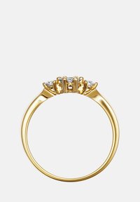 Goldring mit einem glatten Band und einem Cluster aus drei rund geschliffenen Edelsteinen, die in einer detaillierten Krappenfassung oben eingesetzt sind.