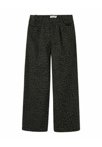 Weite Hose aus dunkelgrünem Stoff mit einem schwarzen Leopardenmuster. Mit Taschen und einem Knopfverschluss an der Taille.