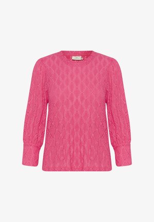 Rosa strukturierte Bluse mit langen Puffärmeln, die ein Diamantmuster und einen runden Ausschnitt aufweist. Das Material scheint leicht und atmungsaktiv zu sein.