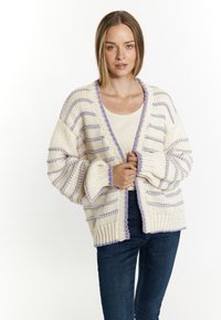 Chunky gebreide cardigan, crème met paarse strepen, open vooraan, brede mouwen, ribgebreide randen, gestructureerde stof, casual ontwerp.