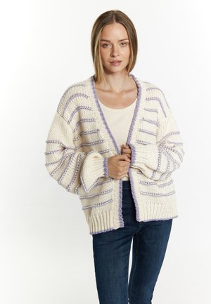 Chunky gebreide cardigan, crème met paarse strepen, open vooraan, brede mouwen, ribgebreide randen, gestructureerde stof, casual ontwerp.
