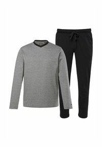 Szara koszula z długim rękawem, dekoltem w szpic i czarnym akcentem, zestawiona z czarnymi spodniami z troczkiem. Oba elementy mają gładką fakturę i casualowy design.