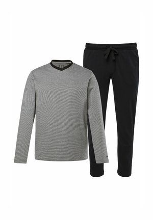 Grijs shirt met lange mouwen, een V-hals en zwarte accenten, gecombineerd met zwarte broek met trekkoord. Beide kledingstukken hebben een gladde textuur en een casual ontwerp.