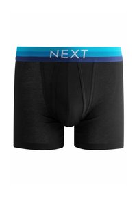 Boxer-briefs noirs pour hommes avec une ceinture bleue et marine arborant le logo "NEXT". Fabriqués à partir d'un tissu lisse, avec une coupe ajustée et des coutures renforcées.