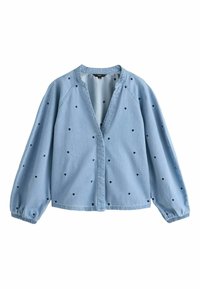 Šviesiai mėlyna džinsinė marškinėliai su pūstomis rankovėmis, mažais tamsiai mėlynais širdies raštais, laisvo silueto, su apvaliu kaklu ir priekyje sagomis.