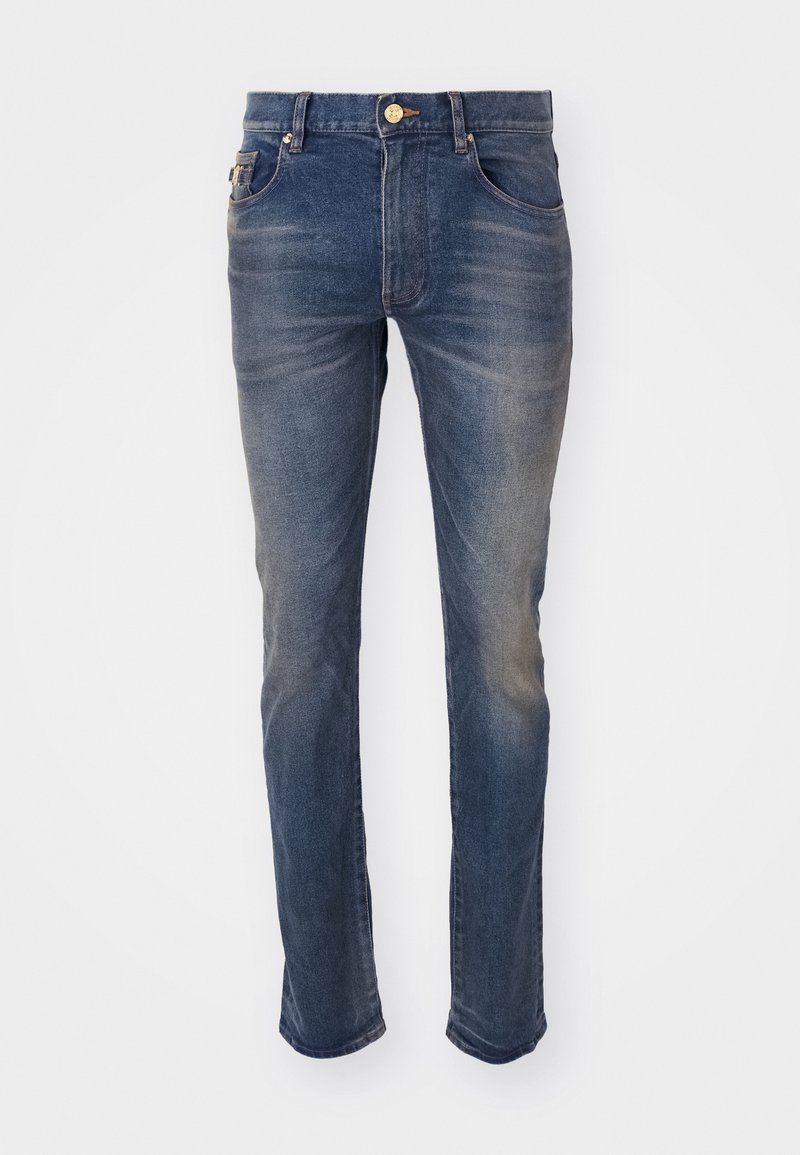Herrarnas raka jeans i mörkblå denim, med en urtvättad textur, fem fickor och en framknäppning med en guldfinish.