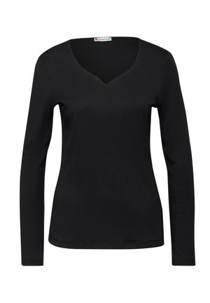 Zwarte lange mouwen top van zacht materiaal, met een V-hals ontwerp en een getailleerde pasvorm, met minimale stikseldetails rond de zoom.