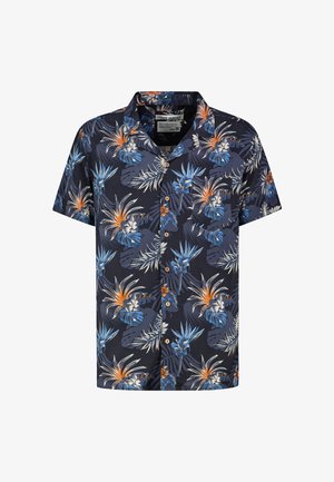 Kurzarm-Hemd in Marineblau mit einem tropischen Blumenmuster in Blau, Orange und Creme. Ausgestattet mit einem Camp-Kragen und Holzknöpfen.