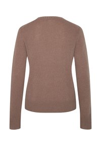Brauner, langärmeliger, gestrickter Pullover mit Rundhalsausschnitt, gerippten Bündchen und Saum, von hinten vor einem weißen Hintergrund gezeigt.