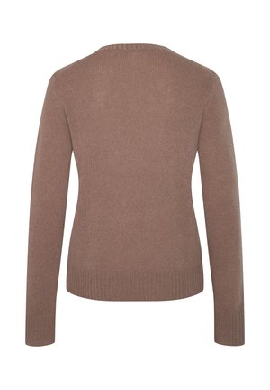 Brauner, langärmeliger, gestrickter Pullover mit Rundhalsausschnitt, gerippten Bündchen und Saum, von hinten vor einem weißen Hintergrund gezeigt.