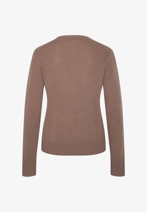 Long-sleeve brown knitted sweater with crew neck, ribbed cuffs, and hem, shown from the back on a white background.
