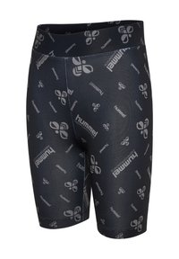 Zwarte atletiekshorts met een all-over lichtgrijs hummel-logo en brandingpatroon, met een aansluitend ontwerp en elastische tailleband.