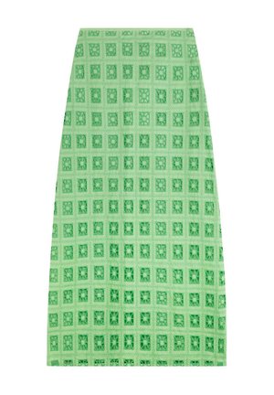 Gonna a matita verde con texture, caratterizzata da un motivo a griglia con quadrati, realizzata in tessuto leggero per comfort e stile.