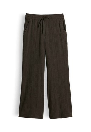 Dunkelbraune, strukturierte, weit geschnittene Hose mit elastischem Bund und Kordelzug, mit Seitentaschen.