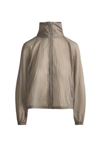 Veste coupe-vent taupe clair avec col montant, fermeture éclair frontale complète, manches raglan longues, poignets élastiques et texture subtile en grille.