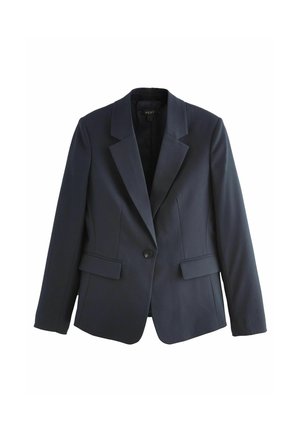 Námořnický modrý blazer s jedním knoflíkem, klopami a dvěma předními kapsami. Hladká tkanina s přizpůsobeným střihem.