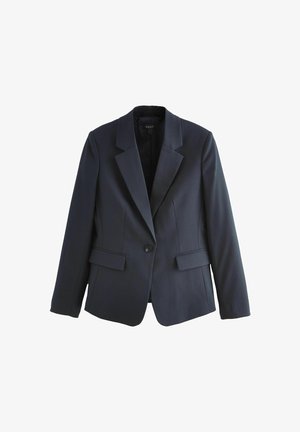 Navy blue blazer featuring a single button closure, notched lapels, and two front pockets. Smooth fabric with a tailored fit.