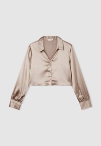 Camicia in satin cropped color beige chiaro con colletto, chiusura a bottoni e maniche lunghe a palloncino. Texture liscia con un delicato lucido.