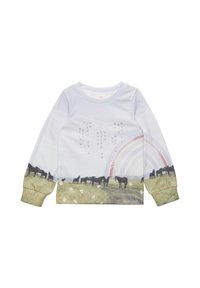 Jasnofioletowy sweatshirt z długim rękawem z grafiką konia i tęczy, z trawiastym polem i kwiatowymi akcentami u dołu.