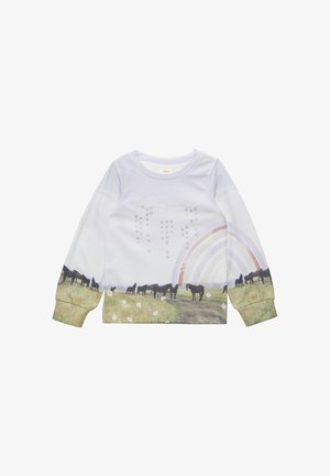 Jasnofioletowy sweatshirt z długim rękawem z grafiką konia i tęczy, z trawiastym polem i kwiatowymi akcentami u dołu.
