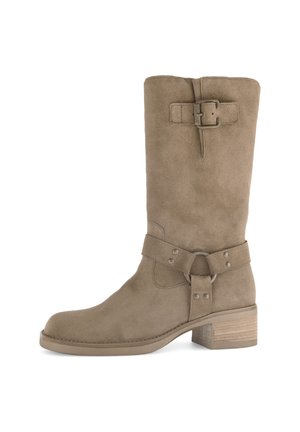 Brown suede knee-high boot with a rounded toe, a side buckle accent, and a stacked wooden heel. Smooth texture and minimalist design.