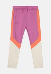 Lila joggers med orange och krämfärgad färgblockering, med resårmidja och snörning samt en logotyp på överbenet. Mjuk tyg.