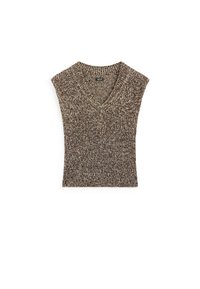Brun strikket ærmeløs top med V-udskæring, struktureret stof og en blanding af lys og mørk fiber for en subtil meleret effekt.