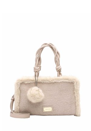 Borsa rettangolare beige in tessuto morbido, rifiniture soffici, manici intrecciati, charm a pon pon e tracolla regolabile.