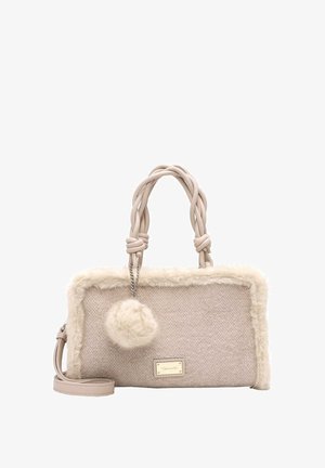 Borsa rettangolare beige in tessuto morbido, rifiniture soffici, manici intrecciati, charm a pon pon e tracolla regolabile.