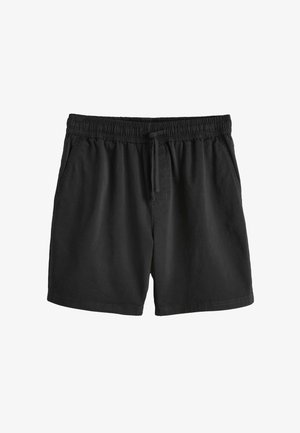 Pantaloni scurți casual negri cu talie elastică și șnur, prevăzuți cu buzunare laterale și un design simplu.