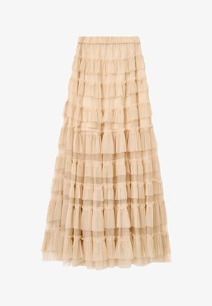 Cremefarvet lagdelt nederdel med flere flæseelementer; lavet af letvægtsstof. Har elastisk taljebånd for pasform og flydende design.