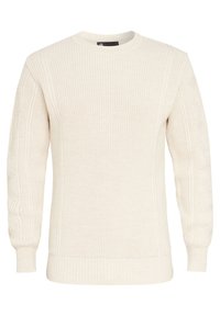 Cream-colored knitted sweater featuring a ribbed texture, round neck, and detailed cable-knit patterns on the sleeves.