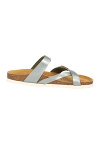 Sandali in pelle azzurro chiaro con cinturini incrociati, suole in sughero e suola in gomma bianca, caratterizzati da una texture liscia e hardware minimale.