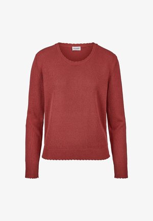 Rostfarbener Langarmpullover mit Rundhalsausschnitt, Rippbündchen und Saum, aus Strickstoff, dargestellt auf weißem Hintergrund.